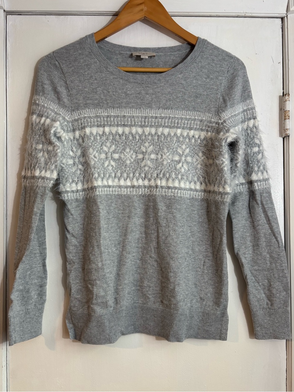 LOFT Gray and White snowflake Crewneck Sweater